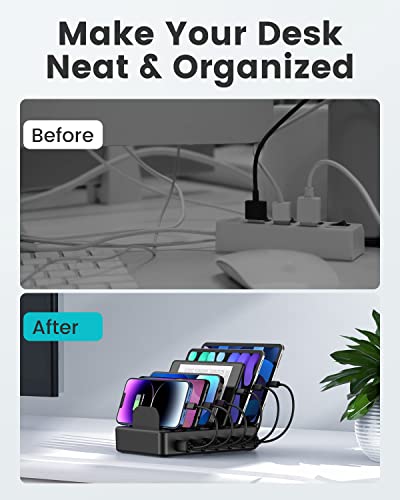 CREATIVE DESIGN 50W 6 Ports Multi Charger Station with 6 Charging Cables, USB Charging Dock for Multiple Devices, Compatible with Cellphone iPad - Image 2