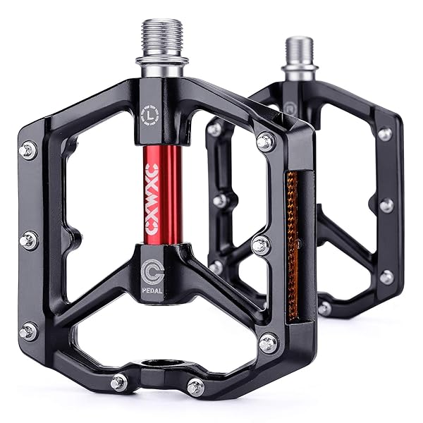 CXWXC Aluminum Alloy MTB Bike Pedals - Anti-Skid, Removable Nails, Black-Red | Perfect for Road & Mountain Biking