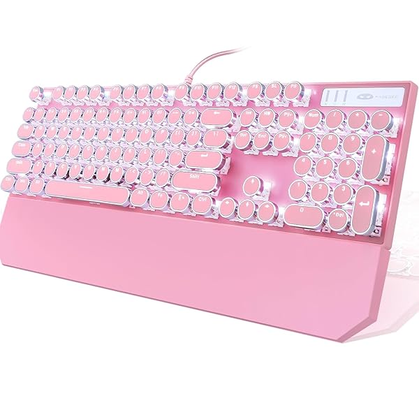 Camiysn Pink Retro Typewriter Style Mechanical Gaming Keyboard with White Backlit 104 Keys Blue Switch for Windows Mac PC