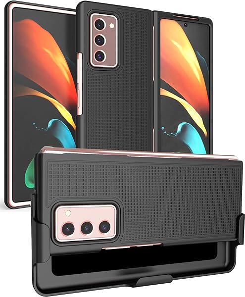 Galaxy Z Fold 2 Case with Clip & Holster - Slim Black Grid Texture Cover for Samsung 5G (SM-F916)