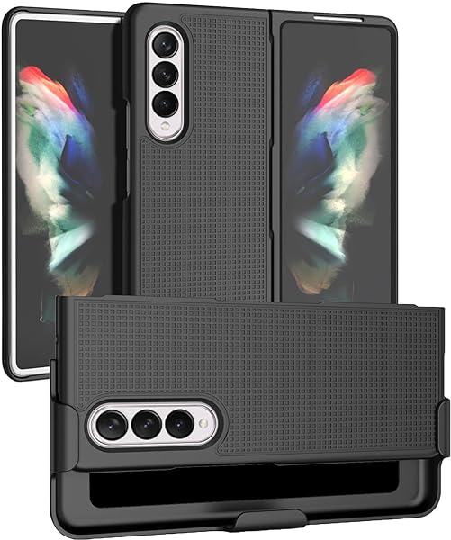 Galaxy Z Fold 3 5G Case with Clip & Holster - Slim Hard Cover & Stand Combo for Samsung Z Fold3 (SM-F926) - Black Tread