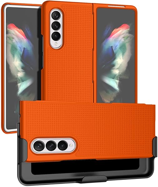 Galaxy Z Fold 3 Case with Clip & Belt Holster - Slim Hard Cover in Bright Orange | Nakedcellphone Grid Texture Combo