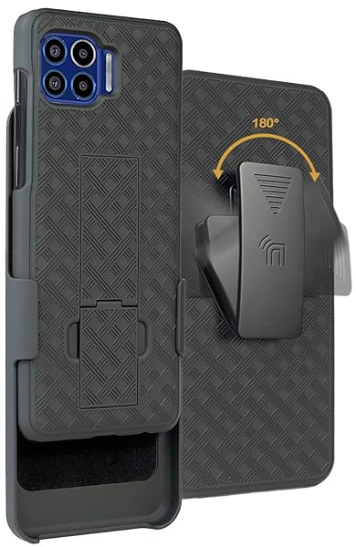 Black Tread Kickstand Case with Clip for Moto One 5G - Rotating Belt Holster Combo
