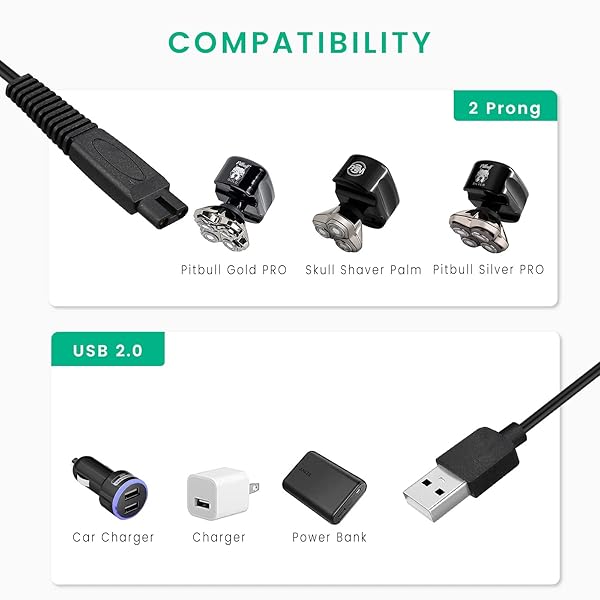 Charger Cord Replacement for Skull Shaver Pitbull Gold Pro, Palm, Platinum Electric Razor - USB Cable 2-Pack - Image 2