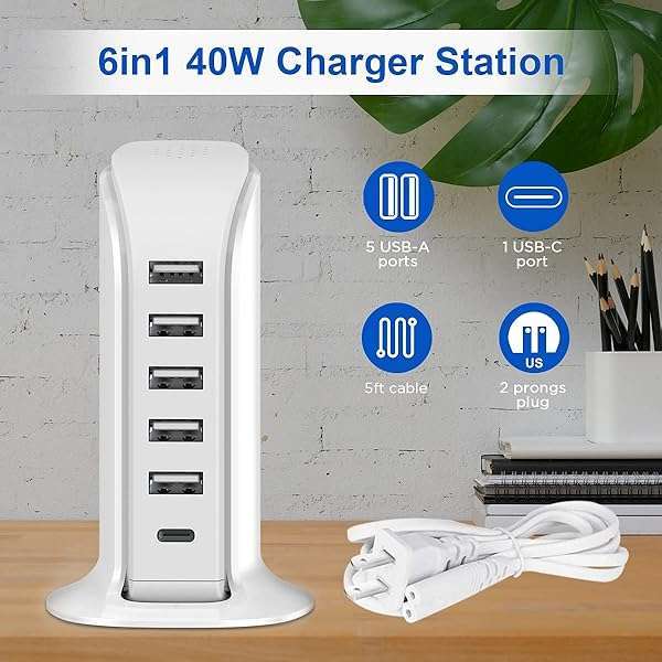 40W Upoy Multi-Device Charging Station: 5 USB Ports & Smart IC for iPhone, iPad, Tablets & Smartphones - Perfect for Home & Office - Image 6