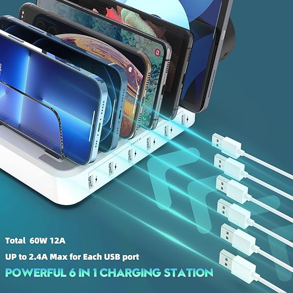 Charging Station for Multiple Devices,60W 6 Port Charger Station with 7 Mixed Charging Cables,USB Charging Dock,Compatible with Cellphone,Tablet, - Image 2