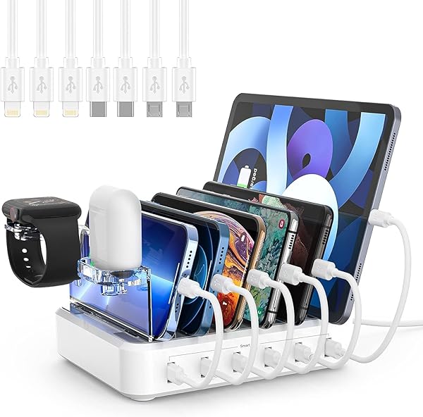 Charging Station for Multiple Devices,60W 6 Port Charger Station with 7 Mixed Charging Cables,USB Charging Dock,Compatible with Cellphone,Tablet,
