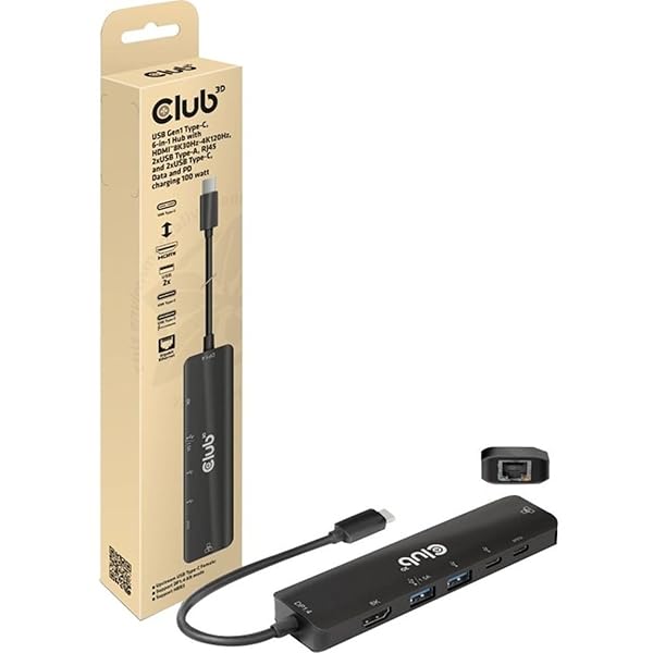 Club 3D CSV-1596 USB Gen1 Type-C 6-in-1 Hub: HDMI 8K/4K, 2xUSB-A, RJ45, 2xUSB-C, 100W PD Charging - Image 3