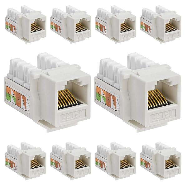 Cmple 10 Pack Cat5e Keystone Jack Insert Punch Down RJ45 Connectors 90 Degree Female for Wall Plates and Ethernet Cables White