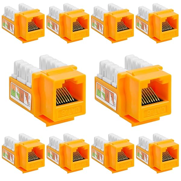 Cmple 10 Pack Cat6 Keystone Jack Inserts - 90 Degree RJ45 Connectors for Wall Plates & Patch Panels - Yellow