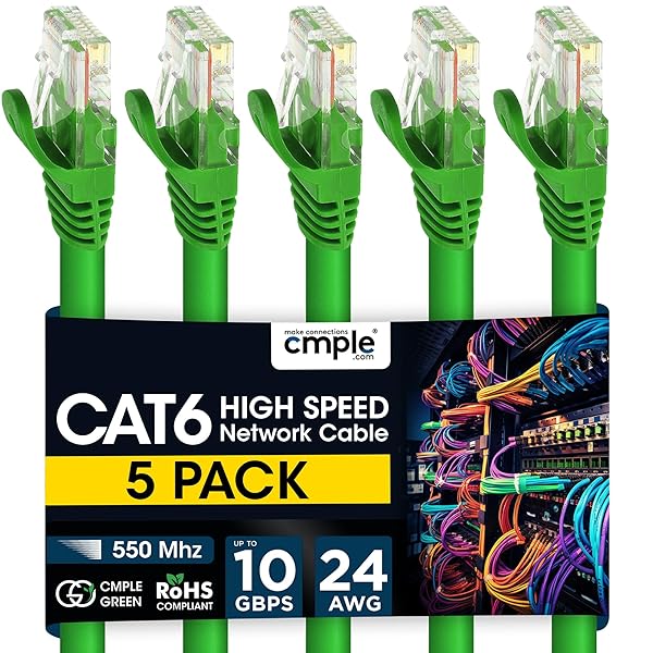 Cmple 5 Pack Cat6 Ethernet Cable, High Speed Cat6 Internet Network Cable, Ethernet Patch Cables, Computer LAN Cable with Snagless RJ45 Connectors - 7 Feet Green (Pack of 5)