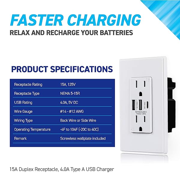 Buy Coby USB Wall Outlet with Dual 6.0A Ports & Type C - 15A Tamper Resistant Receptacle, Pack of 2 for Fast Charging - Image 8