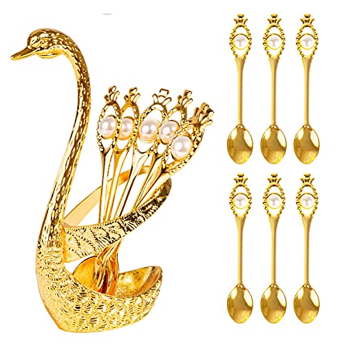 Elegant Coffee Spoon Set with Metal Swan Holder - 6 Gold Teaspoons for Desserts & Ice Cream