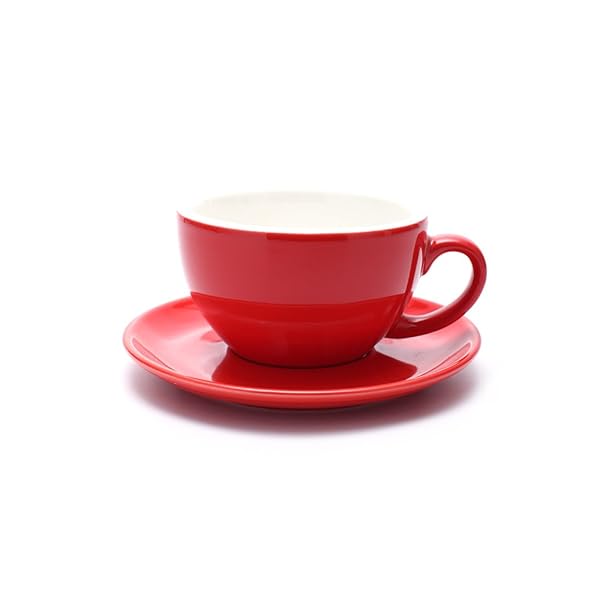 Coffeezone Ceramic Latte Art Cup & Saucer - Glossy Red 10.5 oz for Lattes, Cappuccinos & Espresso - Perfect for Coffee Shops & Baristas