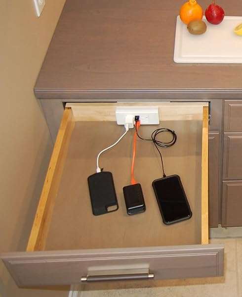 Compact In-Drawer Charging Station: 2 AC Outlets & 2 USB-A Ports with Cord Management - White - Image 5