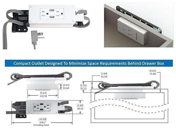 Compact In-Drawer Charging Station: 2 AC Outlets & 2 USB-A Ports with Cord Management - White - Image 7