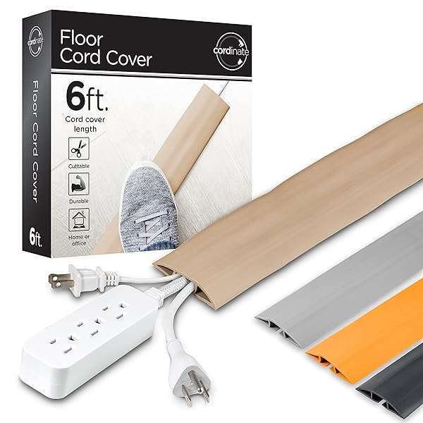 "6ft Floor Cord Cover - Heavy Duty Cable Protector to Hide & Prevent Trips - Tan Color, 0.75" W x 0.43" H" - Image 3