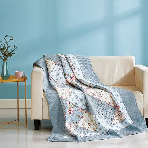 Cozyholy 100% Cotton Twin Patchwork Quilt - Reversible Blue Floral Bedspread & Vintage Shabby Chic Throw Blanket - Image 3
