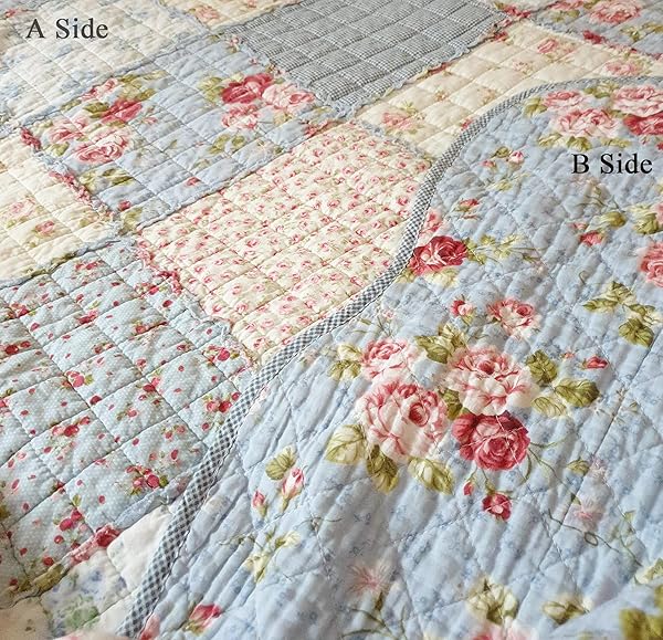 Cozyholy 100% Cotton Twin Patchwork Quilt - Reversible Blue Floral Bedspread & Vintage Shabby Chic Throw Blanket - Image 4