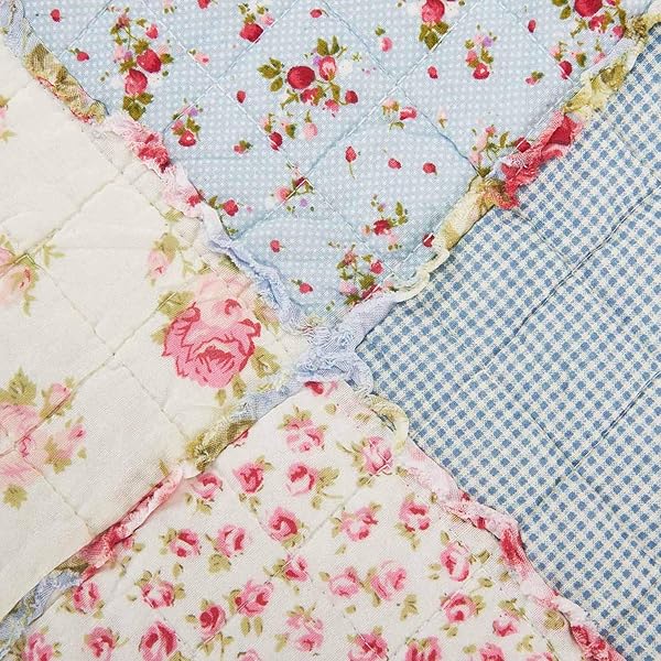 Cozyholy 100% Cotton Twin Patchwork Quilt - Reversible Blue Floral Bedspread & Vintage Shabby Chic Throw Blanket - Image 5