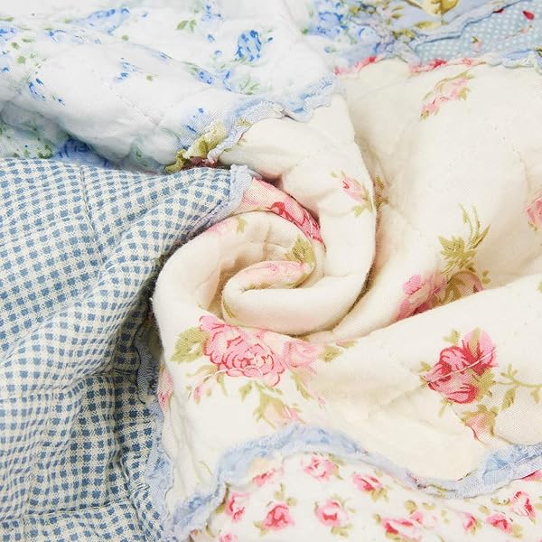 Cozyholy 100% Cotton Twin Patchwork Quilt - Reversible Blue Floral Bedspread & Vintage Shabby Chic Throw Blanket - Image 6