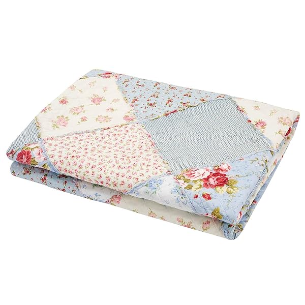 Cozyholy 100% Cotton Twin Patchwork Quilt - Reversible Blue Floral Bedspread & Vintage Shabby Chic Throw Blanket - Image 8