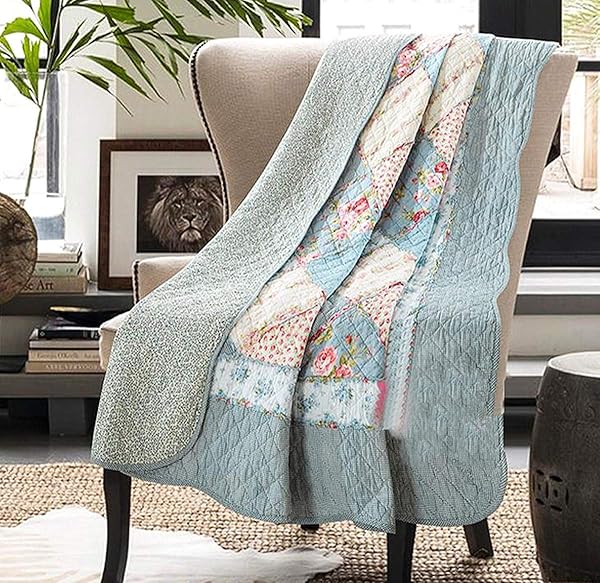 Cozyholy 100% Cotton Twin Patchwork Quilt - Reversible Blue Floral Bedspread & Vintage Shabby Chic Throw Blanket - Image 2