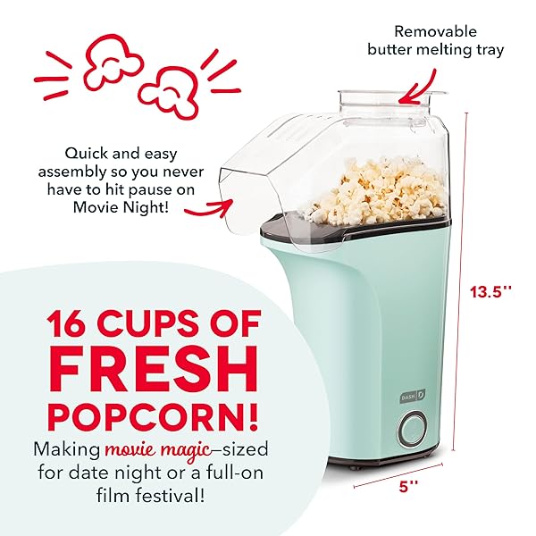 Buy DASH Hot Air Popcorn Popper - 16 Cups, Measuring Cup & Butter Melter - Aqua Color - Image 5