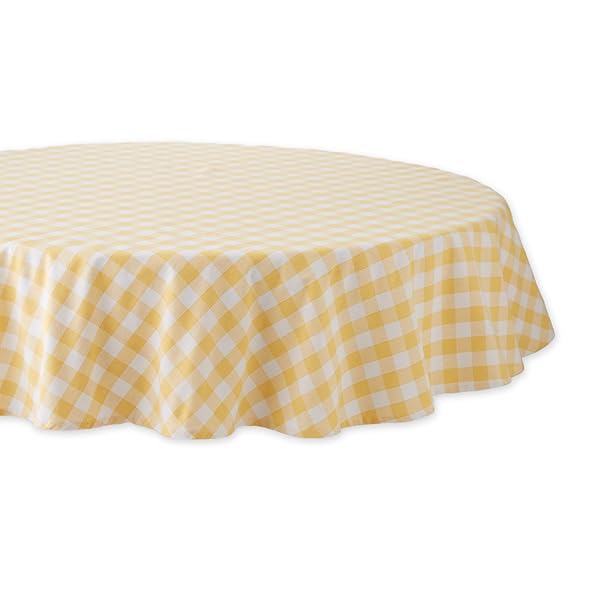 "Shop DII 100% Cotton Checkered Tablecloth - 70" Round, Yellow, Machine Washable for Stylish Dining"
