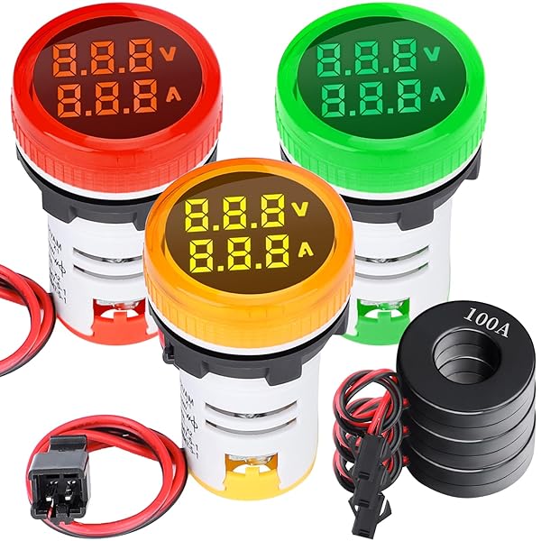 DROK AC Volt Amp Meter, 3pcs AC 60-500V 100A Voltage Current Monitor Digital LED Display Voltmeter 110v 220v Volt Detetor Green Red Yellow Signal