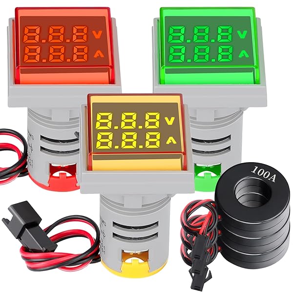 DROK AC Volt Amp Tester, 3pcs AC 60-500V 100A Voltage Current Monitor Digital LED Display Voltmeter 110v 220v Volt Detetor Green Red Yellow Signal