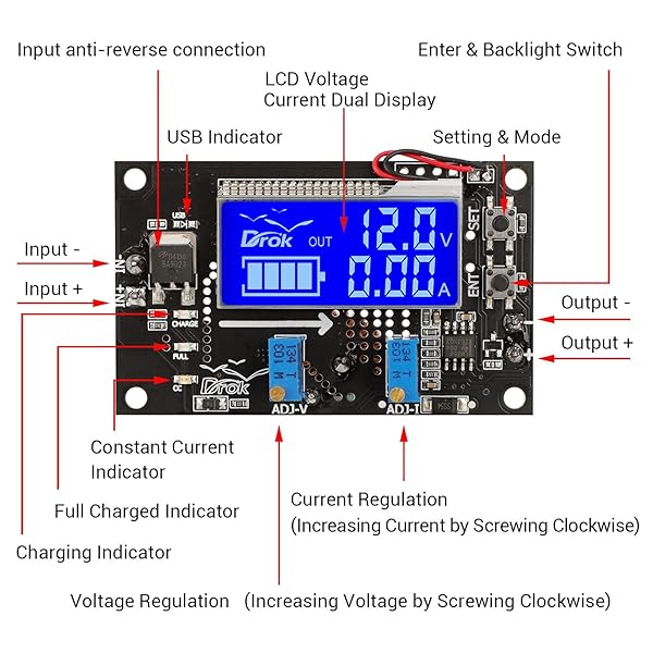 DROK Voltage Boost Converter DC 6-30V to 5V 7-32V 12V 24V 5A Adjustable Regulator with LCD Display Power Supply Module Circuit Board - Image 3