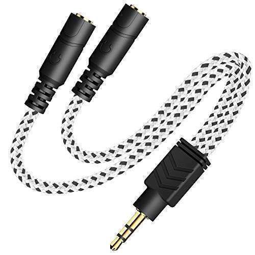 DUKABEL 3.5mm Audio Splitter Cable - Knitted TRS Headphone Splitter for Earphones & Speakers - Zebra White