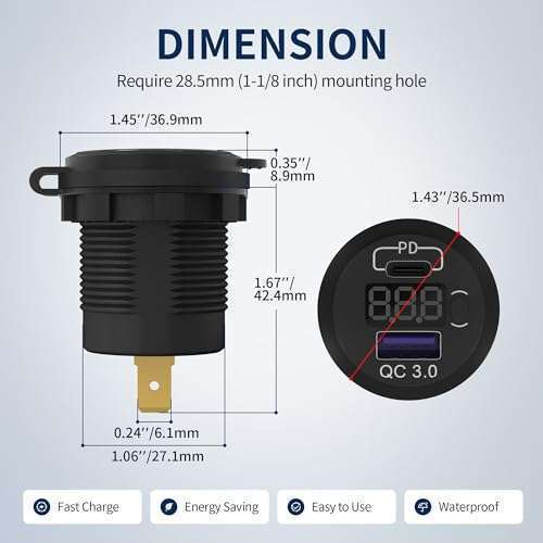 DaierTek 12V USB C Car Charger Socket - 48W PD & QC 3.0 Dual USB Outlet with Voltmeter & Switch for Cars, Boats & Golf Carts - 3 Pack - Image 4