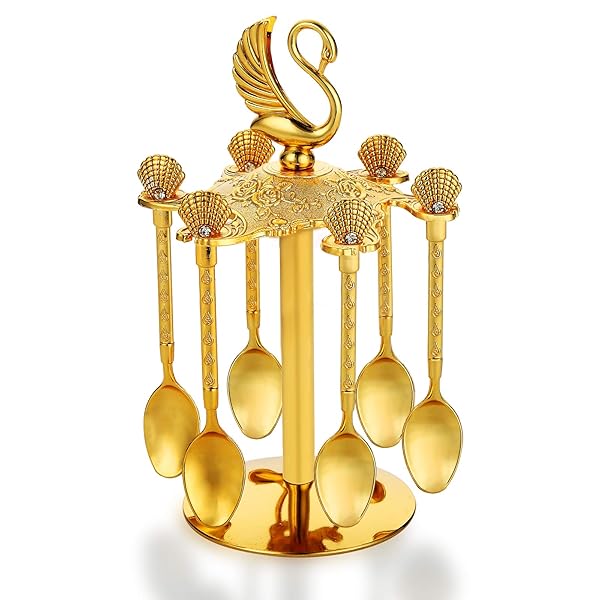 Elegant Gold Swan Base Holder with 6 Fancy Tea & Dessert Spoons - Perfect for Coffee, Ice Cream, and Mixing - Image 3