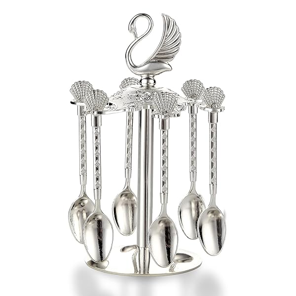 Elegant Swan Base Holder Set with 6 Teaspoons for Coffee, Desserts & Mixing - Perfect for Ice Cream & Cake (Silver) - Image 3