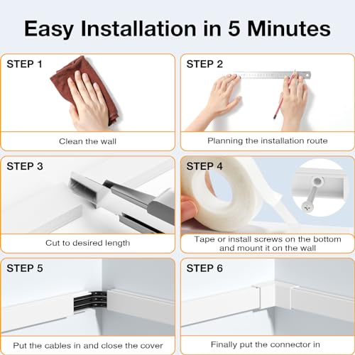 Delamu Cord Hider 157in - Wall Cable Management & Organizer for TV Wires | White Wire Covers - Image 10