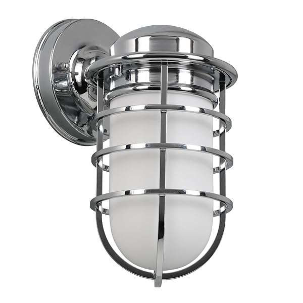 Design House Seaton Classic Industrial Wall Light - Dimmable, Metal Cage & Frosted Glass for Kitchen, Hallway, Bedroom & Bathroom - Polished Chrome
