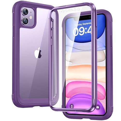 Diaclara iPhone 11 Case: Rugged Full Body Protection with Touch Sensitive Screen Protector - Purple & Clear TPU Bumper