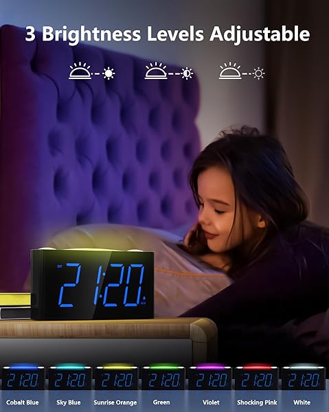 Digital Alarm Clock with 7 Color Night Light USB Charger Large Screen Dimmer Battery Backup Loud Alarm for Heavy Sleepers Kids Teens - Image 4
