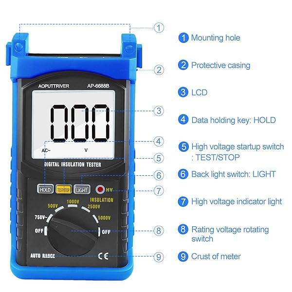 AP-6688B Digital Insulation Resistance Tester: Auto Range Megohmmeter with 1999 Counts, 500V-5000V, Data Hold & Backlit Display - Image 4