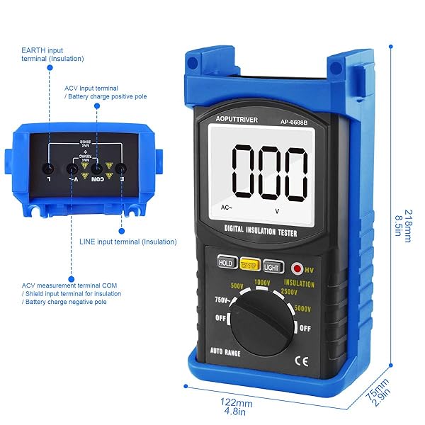AP-6688B Digital Insulation Resistance Tester: Auto Range Megohmmeter with 1999 Counts, 500V-5000V, Data Hold & Backlit Display - Image 5