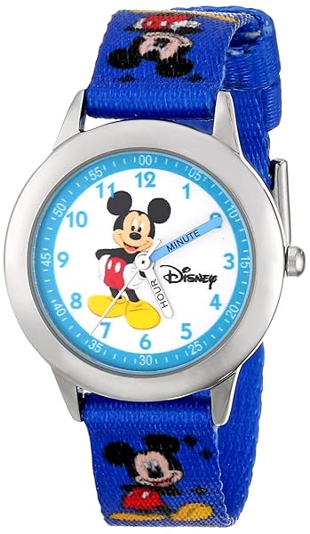 Disney Kids Time Teacher Mickey Mouse Stainless Steel Watch with Printed Nylon Band for Easy Learning