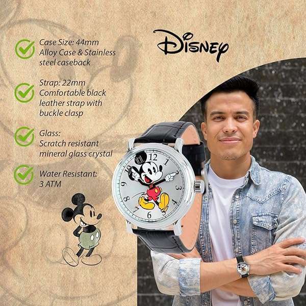 Disney Mickey Mouse Vintage Analog Quartz Watch for Adults - Silver & Black Articulating Hands - Image 4