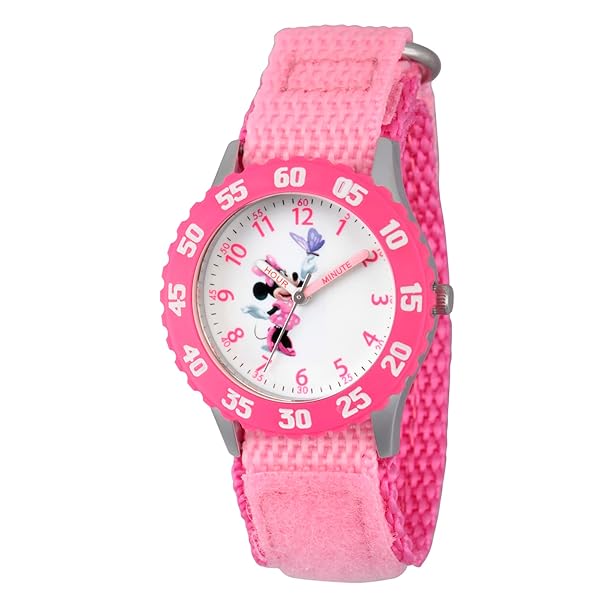 Disney Minnie Mouse Kids Bezel Stainless Steel Time Teacher Analog Nylon Strap Watch for Girls