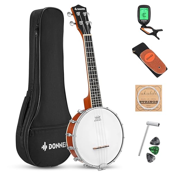 Donner Banjolele 4 String Banjo Ukulele Kit for Beginners with Tuners Gig Bag Picks 23 Inch Sapele Musical Instrument