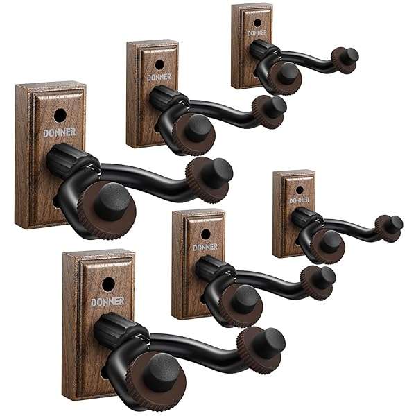 Donner 6-Pack Guitar Wall Mount Hanger - Black Walnut Holder for Acoustic, Electric, Bass, Ukulele & More