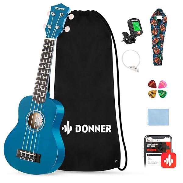 Donner Donner Soprano Ukulele for Beginners 21 Inch Ukelele Starter Bundle Kit with Free Online Lessons Bag Strap String Tuner Picks Cloth Ukalalee