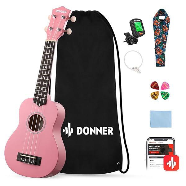 Donner Soprano Ukulele for Beginners 21 Inch Ukelele Starter Bundle Kit with Free Online Lessons Bag Strap String Tuner Picks Cloth Ukalalee