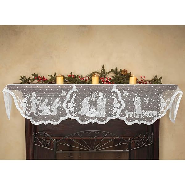 "DoubleWood 20"x90" White Lace Christmas Fireplace Scarf & Table Runner - Elegant Holiday Decor for Mantles & Tables"